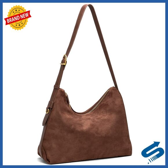 Handbags - Suede Hobo Bag with Adjustable Strap, 5 Pockets, Casual Tote Purse
